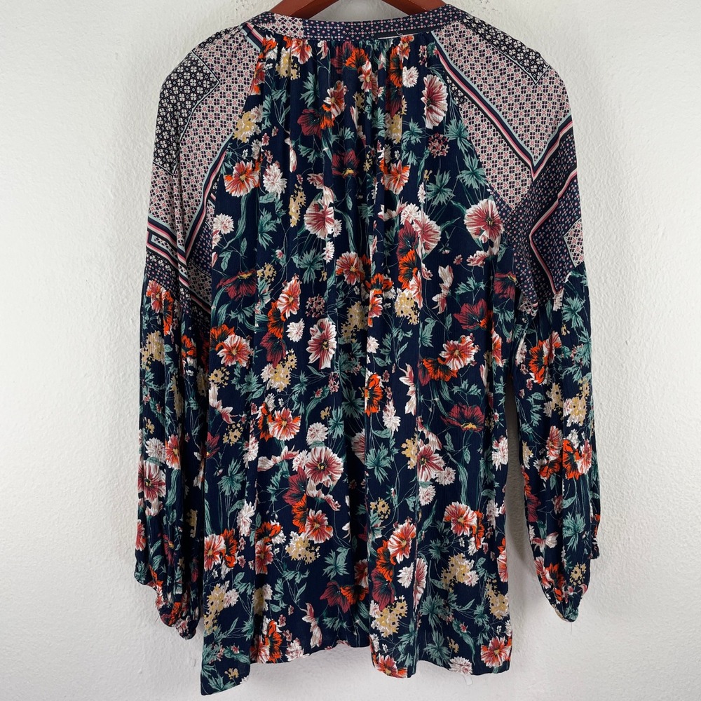 Folk Boho Romantic Women 2X Floral Mixed Print V-Neck Bubble Sleeve Blouse Navy - Picture 2 of 6